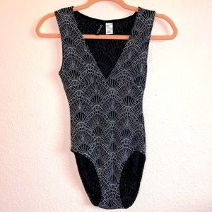 H&M XS Black Stretchy Bodysuit with Sparkly Silver Pattern and Plunging Neckline